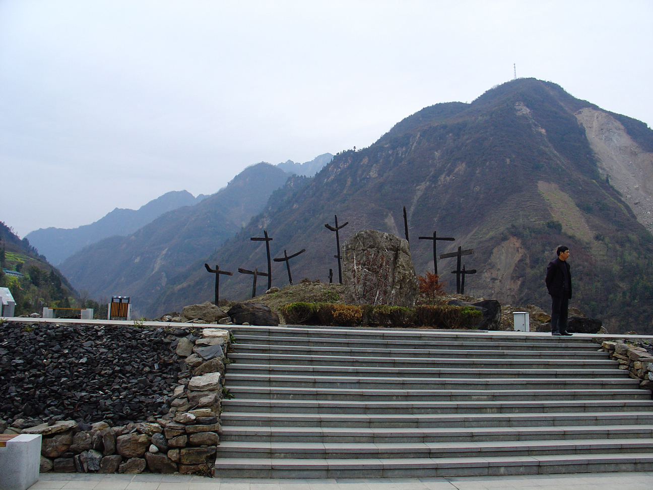 the third part of the memorial - The cross-like constructions representing tombstones for the victims.