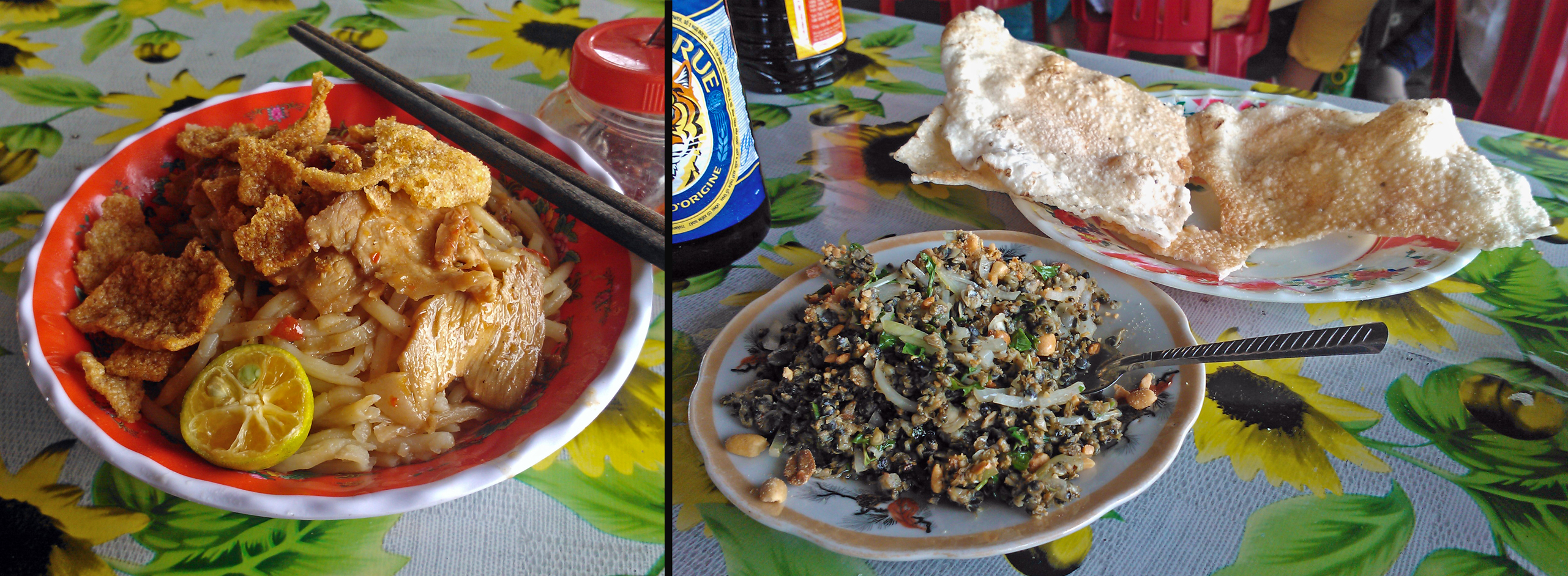 Hoi An - Left hand: Cau Lao (thick noodles with meat); right hand: bread with seafood topping. Also a famous dish from Hoi An.