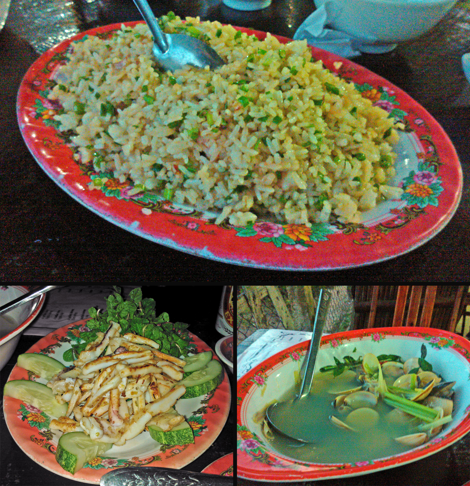 Hoi An - Three dishes of Seafood. Upper half: fried rice with shrimps; left hand: grilled squid; right hand: cooked clams