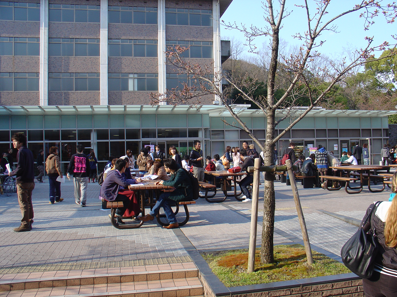 Students resting on benches in front the cafeteria.