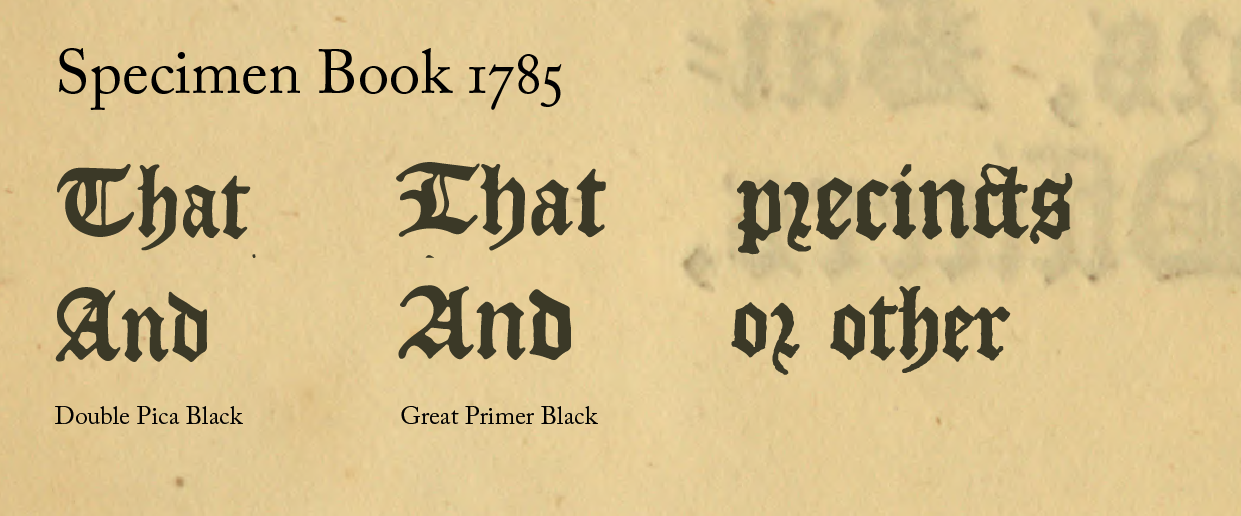 A close-up of different Caslon black-letter glyphs